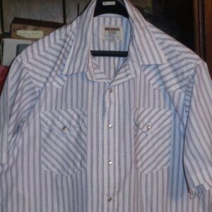 EXCELLENT MENS RUDDOCK WESTERN SHIRT-SZ 17,EXTRA LONG TAIL-FINE PINSTRIPES-